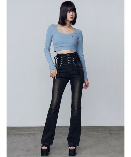【PAMEO POSE】レースアップ ハイウエスト デニムパンツ黒 【SALE】 PAMEO POSE】レースアップ ハイウエスト デニムパンツ黒 【SALE】