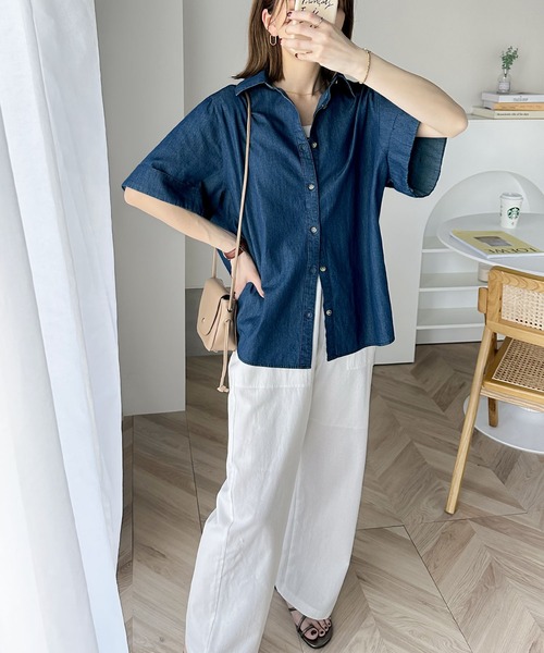 「classicalelf」 7分袖シャツ LARGE ブルー レディース classicalelf 「classicalelf」 7分袖シャツ LARGE インディゴ