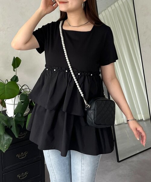 tシャツ パールフリルペプラムTシャツ レディース