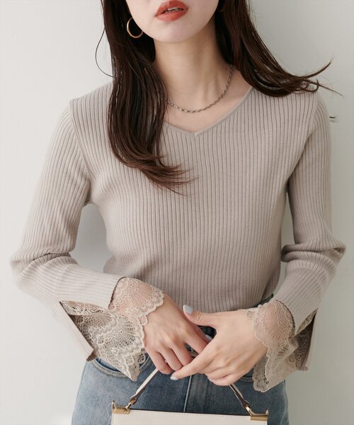 natural couture ニット セーター 前後2WAY袖口レースリブニット