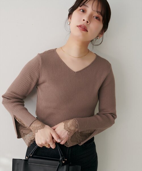 natural couture ニット セーター 前後2WAY袖口レースリブニット