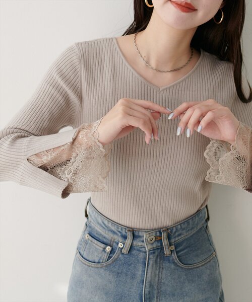 natural couture ニット セーター 前後2WAY袖口レースリブニット
