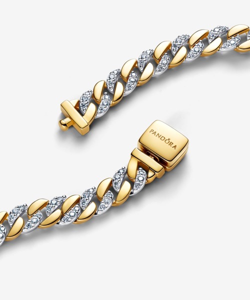 パンドラブレスレット14kゴールド付きシルバーセーフティーチェーン はな PANDORA（パンドラ） ブレスレット ツートーン パヴェ キューバン
