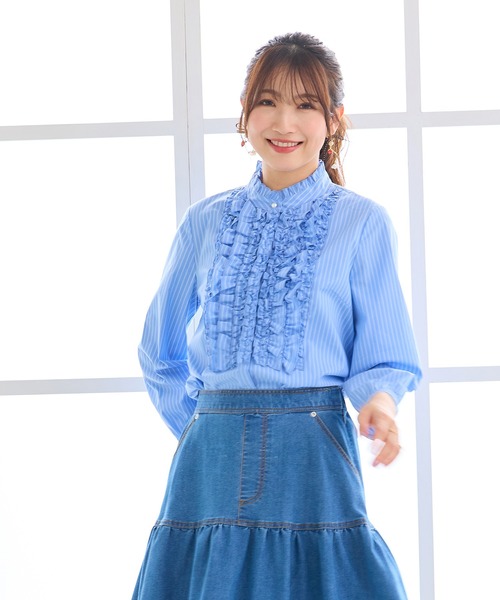 ブラウス シャツ 「シワになりにくい」フリルブラウス レディースの画像