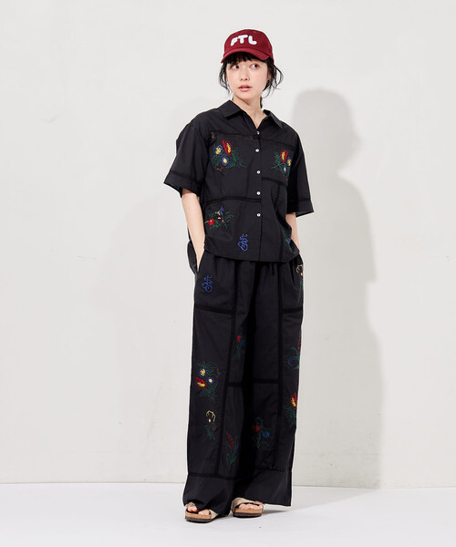 ワイドパンツ パンツ インド パッチワーク刺繍 イージーパンツ「セットアップ対応」 レディースの画像