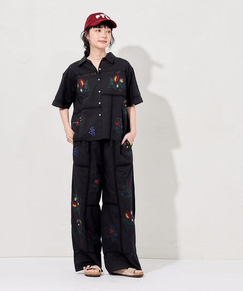 ワイドパンツ パンツ インド パッチワーク刺繍 イージーパンツ「セットアップ対応」 レディースの画像