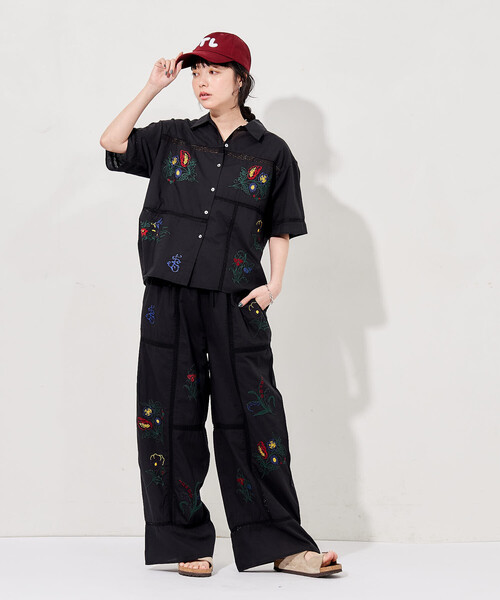 ワイドパンツ パンツ インド パッチワーク刺繍 イージーパンツ「セットアップ対応」 レディースの画像