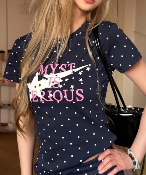 tシャツ 半袖 ドット柄 クルーネックスターグラフィックプリントT