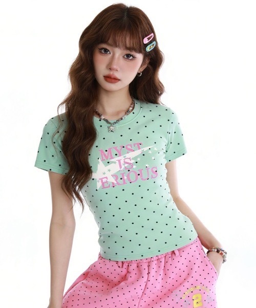 tシャツ 半袖 ドット柄 クルーネックスターグラフィックプリントT