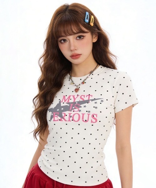 tシャツ 半袖 ドット柄 クルーネックスターグラフィックプリントT