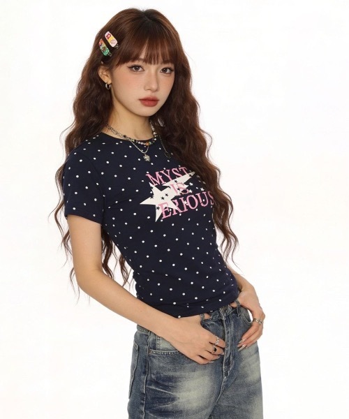 tシャツ 半袖 ドット柄 クルーネックスターグラフィックプリントT