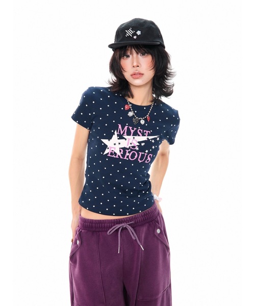 tシャツ 半袖 ドット柄 クルーネックスターグラフィックプリントT