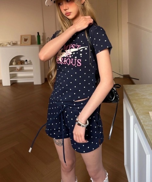 tシャツ 半袖 ドット柄 クルーネックスターグラフィックプリントT