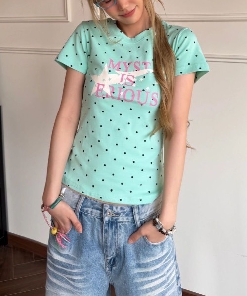 tシャツ 半袖 ドット柄 クルーネックスターグラフィックプリントT