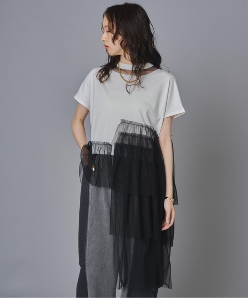 terrace tシャツ 半袖 アシンメトリーチュールフリルTシャツ