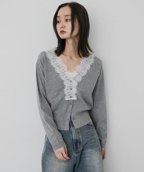 45R アイスコットン　ニットレースカーディガン　ライトグレー SENSE OF PLACE by URBAN RESEARCH カーディガン 「洗濯可」レース