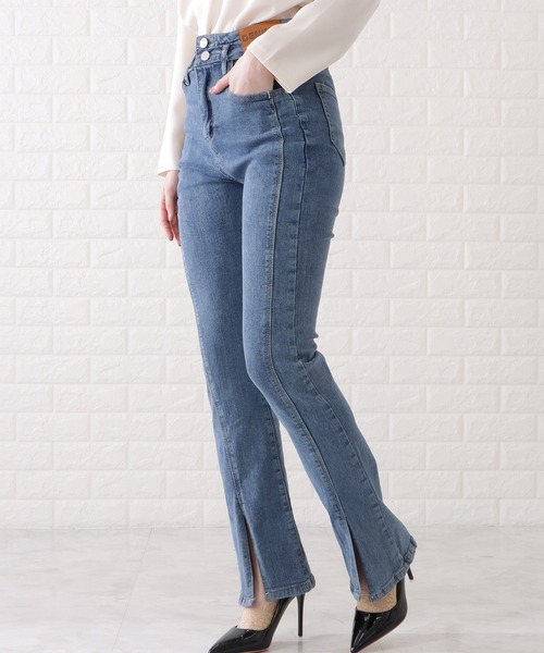 新品 ❤︎ スリット入 ＆ スリット部ストーン付 デニム パンツ ジーンズ デニム デニムパンツ サイドスリットデニムパンツ