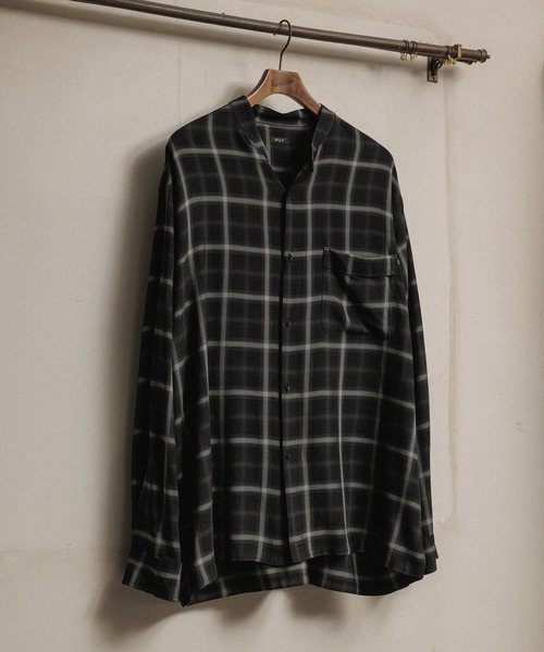 WILD LIFE TAILOR バンドカラーシャツ チェック ネイビー 茶 ワイルド