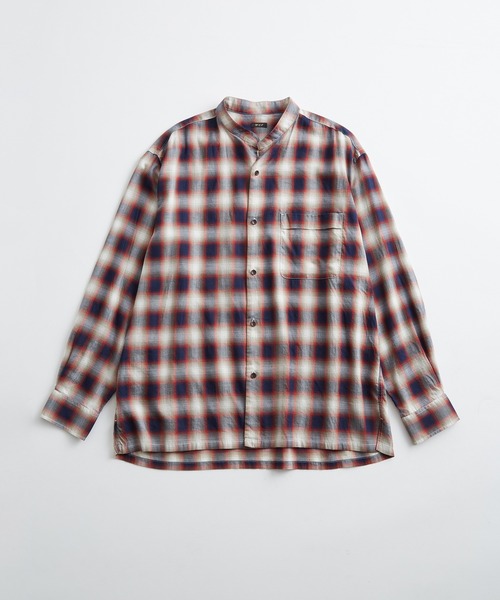 WILD LIFE TAILOR バンドカラーシャツ チェック ネイビー 茶 ワイルド