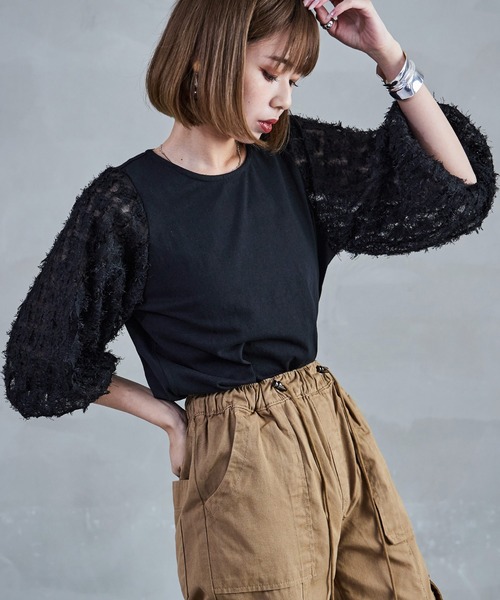 Fashion Letter tシャツ フリンジチュールプルオーバー トップス