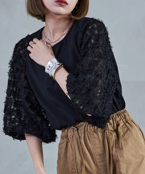 Fashion Letter tシャツ フリンジチュールプルオーバー トップス