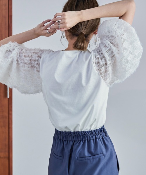 tシャツ シースルーデザインフリルトップス レディース Fashion Letter tシャツ フリンジチュールプルオーバー トップス