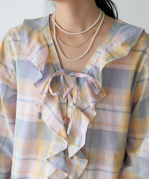 極美品 45R インドリネンのフリルブラウス チェック シャツ Sibra（シブラ） ブラウス シャツ チェック柄フリルギャザーブラウス