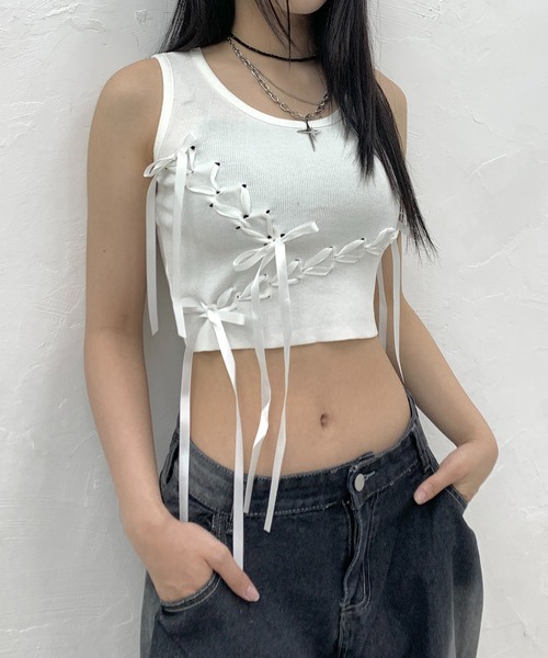 lilful タンクトップ ノースリーブ レースアップ ランダムリボン