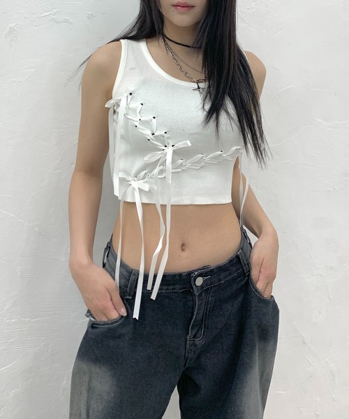 lilful タンクトップ ノースリーブ レースアップ ランダムリボン