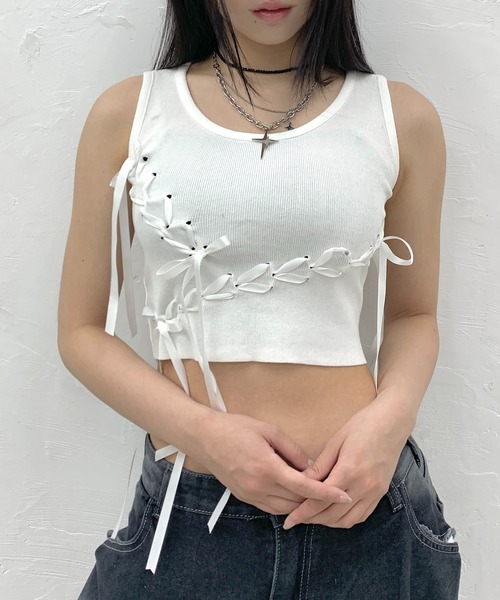 lilful タンクトップ ノースリーブ レースアップ ランダムリボン