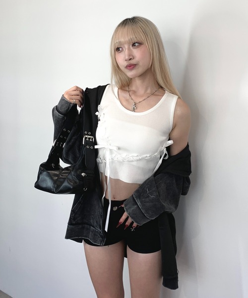 lilful タンクトップ ノースリーブ レースアップ ランダムリボン