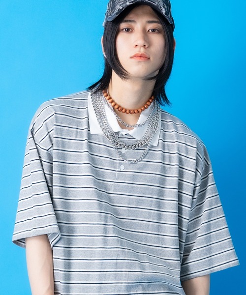 AFB ボーダー ポロシャツ ポロシャツ a.p.o.v. マルチボーダーオーバーサイズラガーシャツ