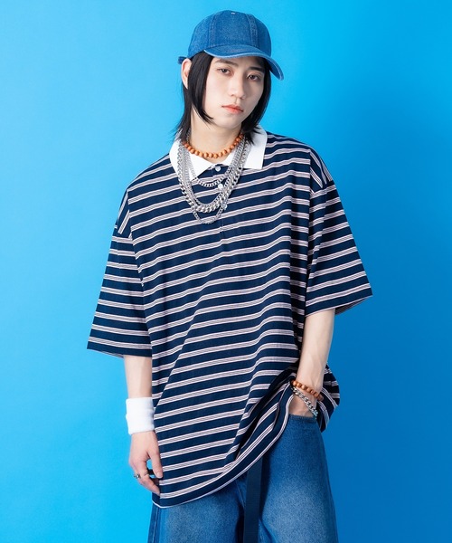 ポロスポーツ ラガーシャツ 90s ロゴ刺繍 パッチ 希少　マルチボーダー improves（インプローブス） ポロシャツ メンズ ラガーシャツ 長袖