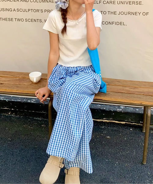 tシャツ レース付きミニリボンスクエアネックプルオーバー レディース