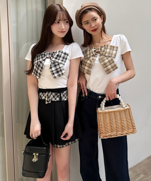 PARTY チェックリボンカットトップス ネイビー ROYAL PARTY tシャツ チェックリボンカットトップス レディース