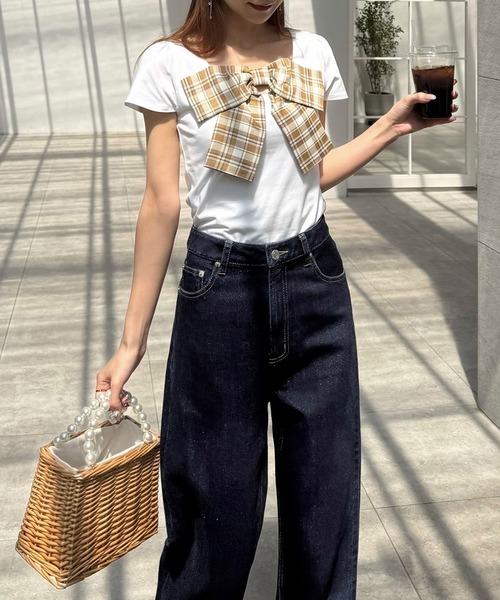  PARTY チェックリボンカットトップス ネイビー ROYAL PARTY tシャツ チェックリボンカットトップス レディース