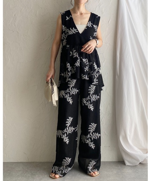 はなページ She's Closet パンツ 花柄ボタニカル刺繍メッシュシアーワイド