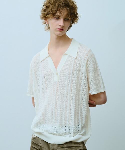 CAMPHOR WOOD シャツ 半袖 rayon openwork skipper knit shirt