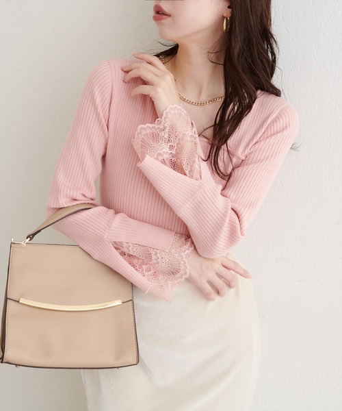 natural couture ニット セーター 袖レースアシメネックリブニット