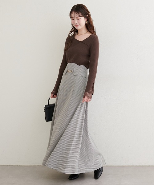 natural couture ニット セーター 袖レースアシメネックリブニット