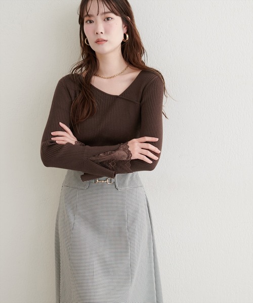 natural couture ニット セーター 袖レースアシメネックリブニット