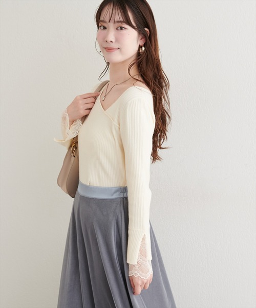 natural couture ニット セーター 袖レースアシメネックリブニット