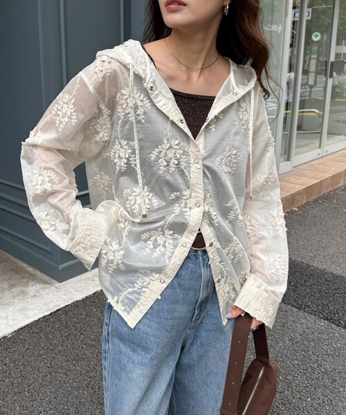 ブラウス シャツ 3D刺繍フードシャツ レディース