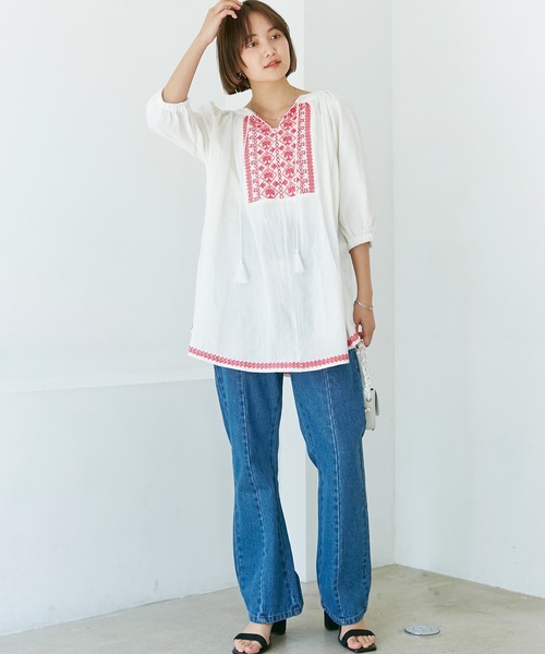 「LAVEANGE」 7分袖チュニック M ブラック レディース