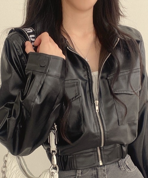 Aelina レザージャケット ライダース ジップ付き合成皮革ジャケット