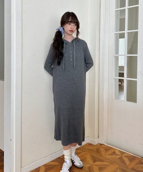 ワンピース 「Good Riddance」フード付き Iライン ヘンリーネック リブ