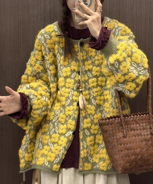 emi+ カーディガン ボアジャガードニットカーディガン レディース