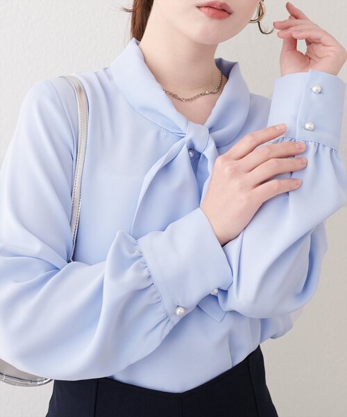 natural couture ブラウス シャツ リボンタイパール釦ブラウス 