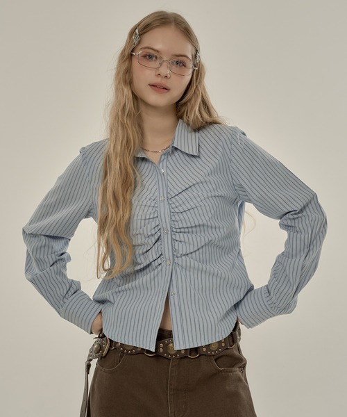 シャツ+ブラウス(半袖+袖なし) Hella     gather stripe top ヘラ Hella 26春夏 gather stripe top ギャザーストライプトップ 3月