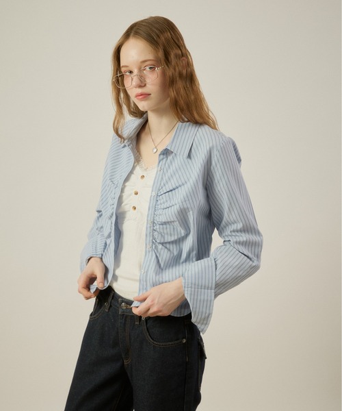 hazyl ギャザーデザインショートスリーブシャツ ブルー hazyl ブラウス シャツ gather design shirt / ギャザーデザインシャツ